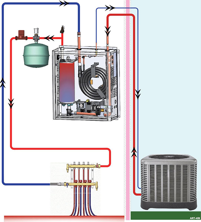 Artwork showing a typical NorAire Air to Water Heat Pump boiler installation